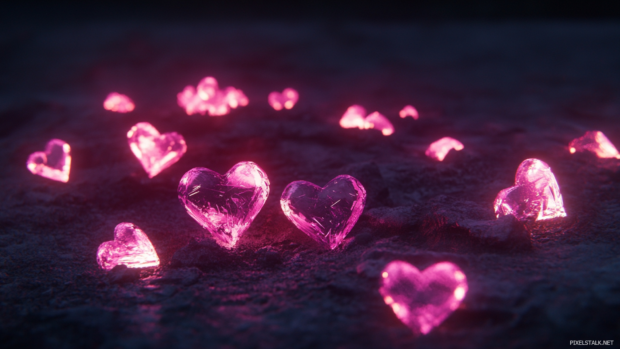 Pink neon hearts glowing above a dark minimalist background.