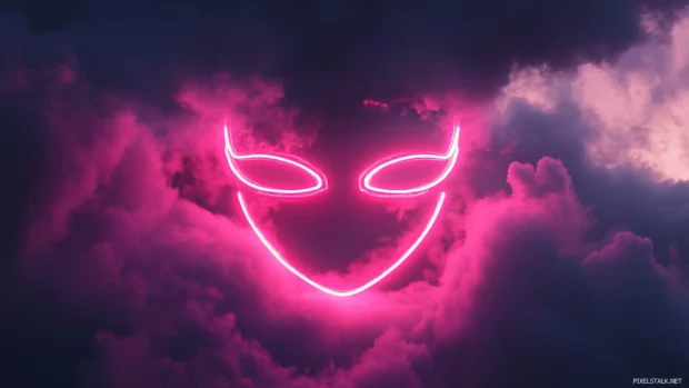 Pink neon mask floating under heavy clouds.