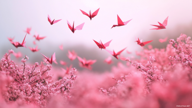 Pink paper cranes flying over a soft cherry blossom field.