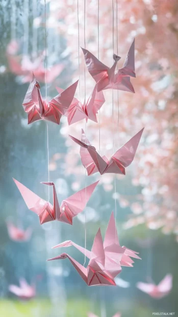 Pink paper cranes suspended from a mobile near a window.