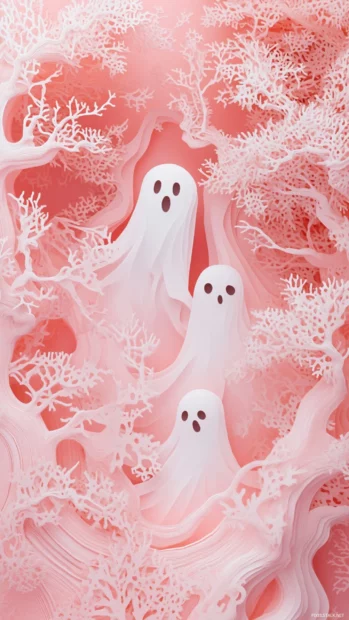 Pink paper cut style ghost illustrations drift past a soft pink gradient.