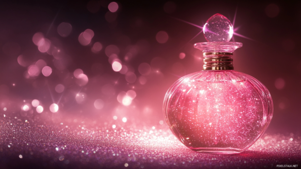 Pink perfume bottle glowing with magical sparkles.