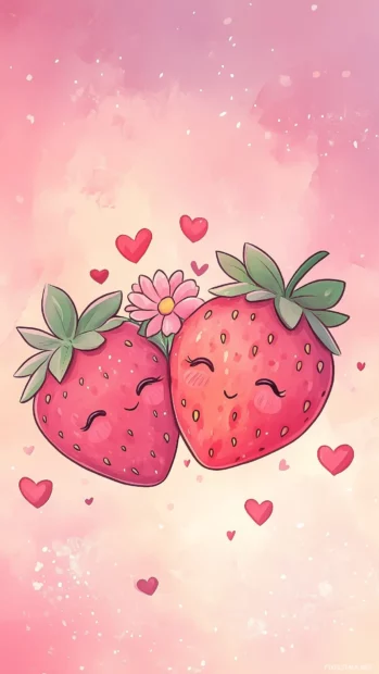 Pink red gradient, kawaii strawberries, flower, blushing, floating hearts.