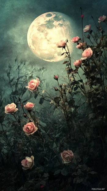 Pink roses blooming beneath moonlight in an enchanted field.
