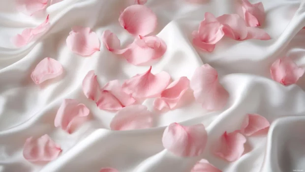 Pink sakura petals falling on a white silk background, highly searched girly PC wallpaper.