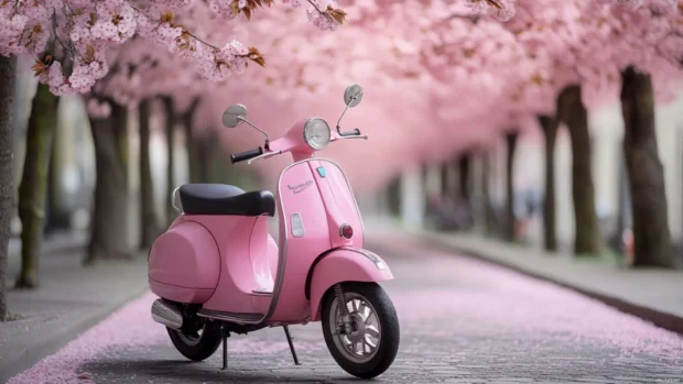 Pink scooter parked next to cherry tree in full bloom.