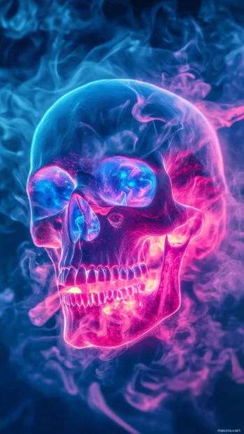 Pink skull blue highlights, glowing fog, haunting colorful glow.