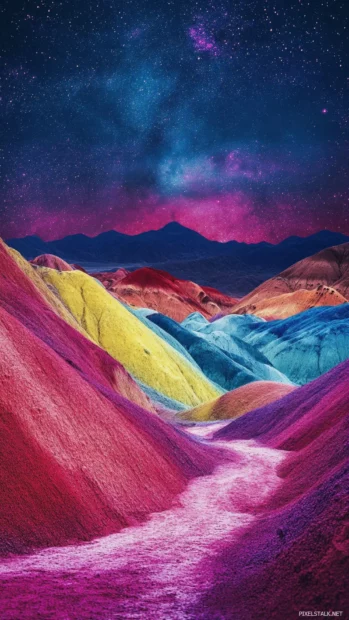 Pink stars cascading down colorful hills.