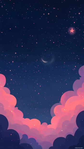 Pink stars drifting through a flat illustrated night, creating the perfect mood for Flat illustration pink stars aesthetic.
