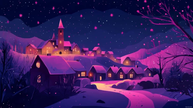 Pink stars illuminating a quiet illustrated town.