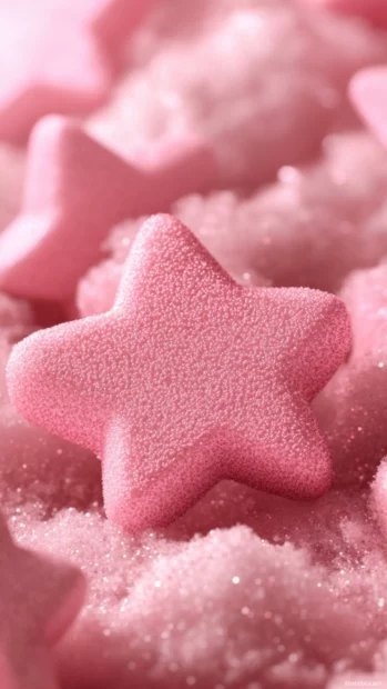 Pink stars nestled in fluffy illustrated clouds, creating the perfect mood for Pink sparkling stars background.