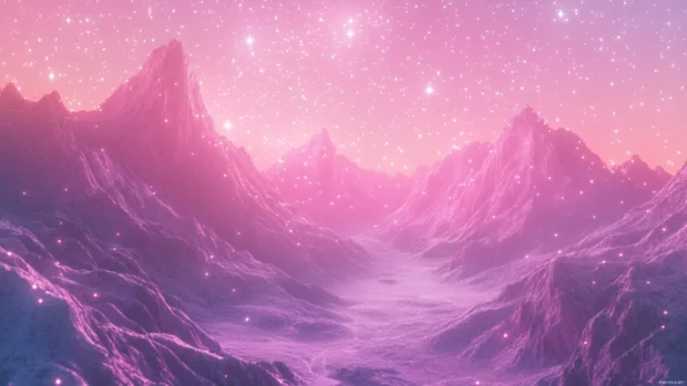 Pink stars showering a minimalist pastel valley.