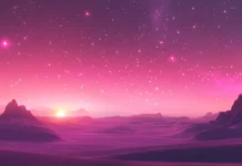 Pink stars sparkling over a flat desert landscape.