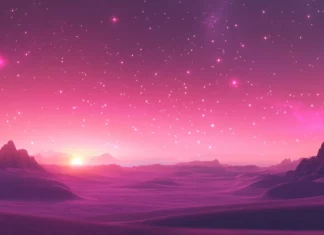 Pink stars sparkling over a flat desert landscape.