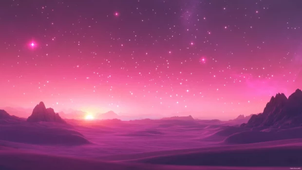 Pink stars sparkling over a flat desert landscape.