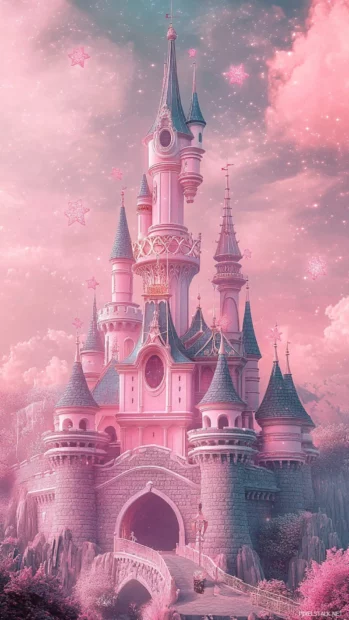 Pink stars swirling around a pastel castle.