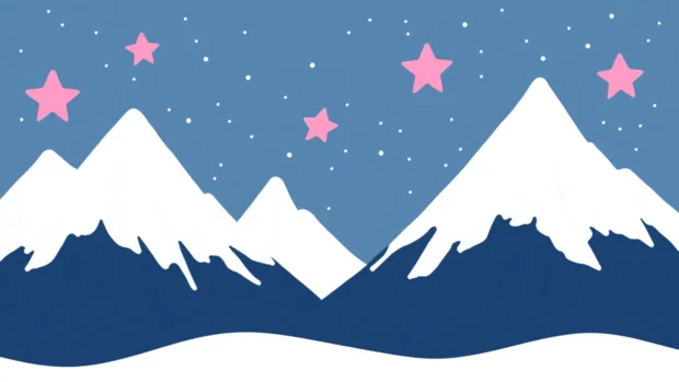 Pink stars trailing across flat illustrated mountains.