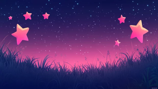 Pink stars twinkling above a cartoon meadow.