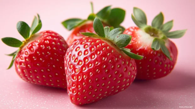 Pink strawberries, pastel accents, white dots, geometric pattern, light pink textured background.