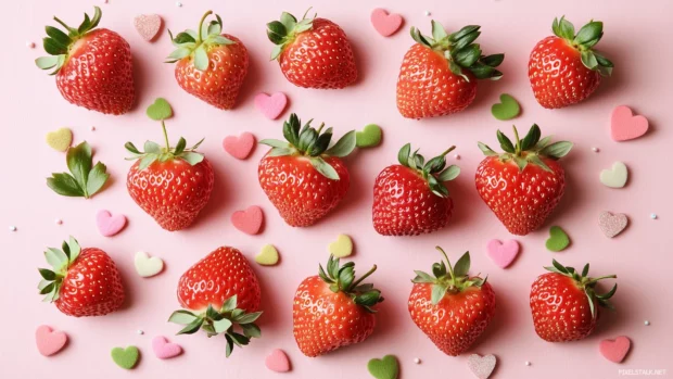 Pink strawberries, soft gradient shading, abstract doodles, pastel hearts, light pink background.