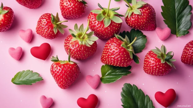 Pink strawberry pattern, blush hearts, soft polka dots, delicate leaves, pastel pink background.