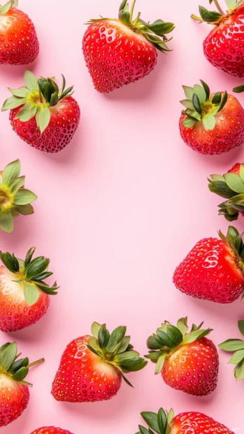 Pink strawberry pattern, pastel yellow and lavender accents, abstract design, simple lines, flat illustration.