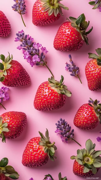 Pink strawberry pattern with floral accents, diagonal arrangement, soft pink, lavender colors, flat style.