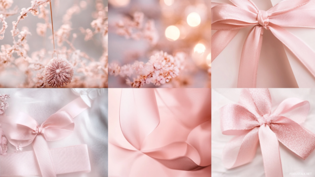 Pink themed collage with ribbons, bows, and soft lighting, for those seeking soft aesthetic wallpapers.