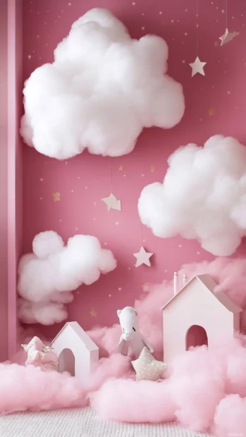 Pink wallpapers for girls bring a soft dreamscape of plush clouds and pastel stars.