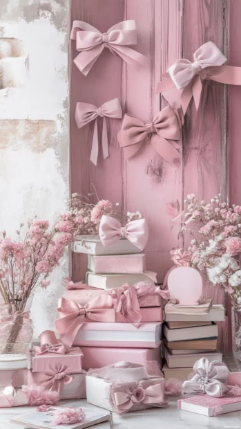 Pink wallpapers for girls display a collage of books, bows, and cozy room elements.