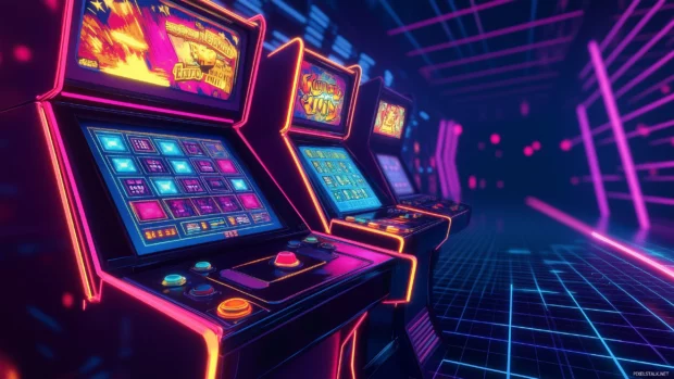 Pixel arcade machine wallpaper, neon lights, glowing buttons, vibrant grid, retro style.