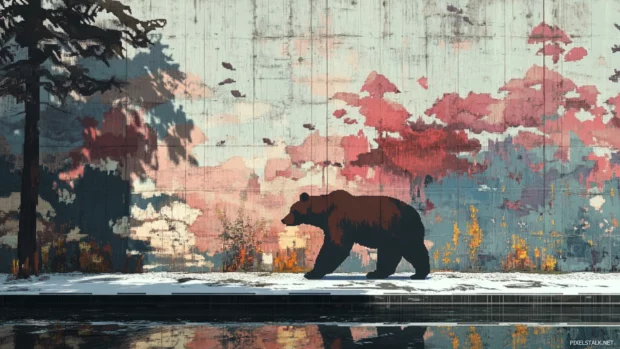 Pixelated bear walking past dreamy mural fragments.