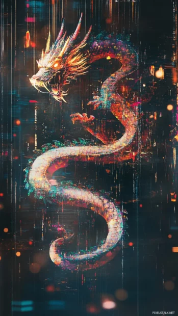 Pixelated dragon coiled around digital paint streaks in warehouse.