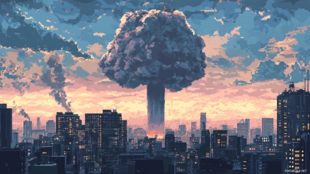 Pixelated mushroom cloud over cityscape.