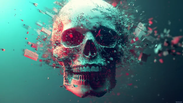 Pixelated skull dissolving into glitch fragments.
