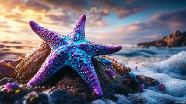Placed on a smooth rock surrounded by small colorful sea creatures and crystal clear water is a large starfish with vibrant blue and purple hues.