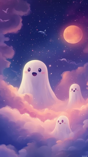 Playful Cute Lock screen Wallpapers with tiny cartoon ghosts and happy moons.