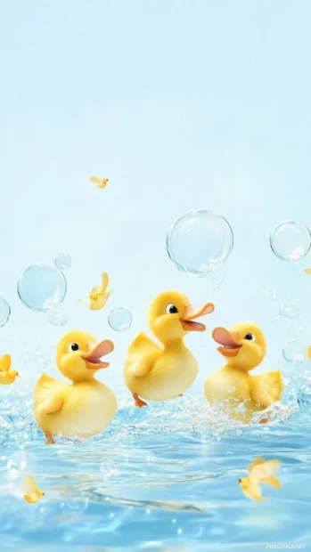 Playful Duck wallpaper with cartoon style ducks quacking among bubbles and ripples.