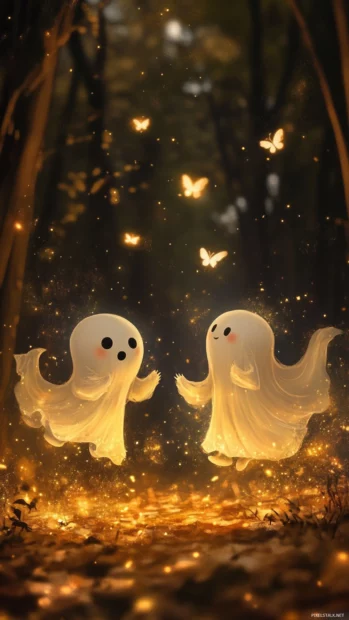 Playful Ghost iPhone Wallpapers featuring ghost friends dancing around fireflies and glitter dust.