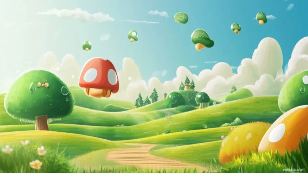 Playful Mario scene with rolling green fields and flying Koopas in cartoon style.