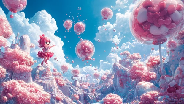 Playful Moving Anime Wallpapers showing chibi characters jumping across candy worlds.