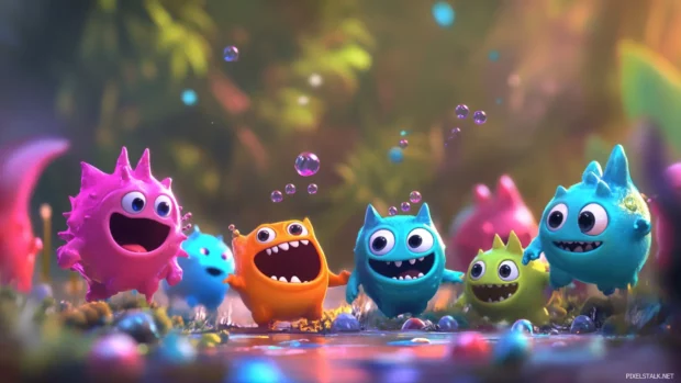 Playful Moving Cartoons wallpaper showing cute monsters popping up and down.