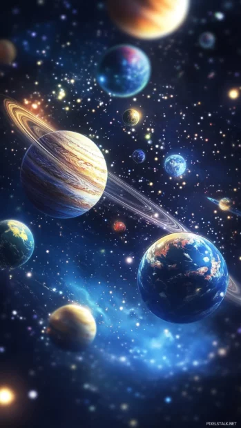 Playful Moving iPhone Wallpapers with cartoonish planets bouncing in a galaxy.