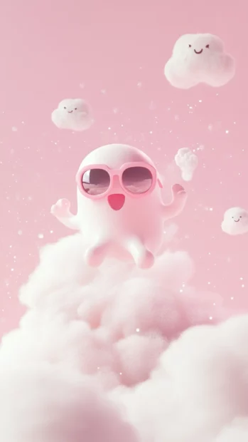 Playful Pink Ghost Wallpapers with a floating ghost wearing sunglasses and riding a cloud.