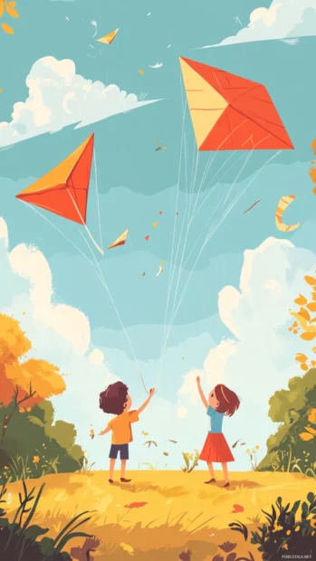 Playful Summer moments with children flying kites in the open field.