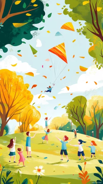 Playful Summer phone Wallpapers with kite flying scenes, kids at the park, bright atmosphere.