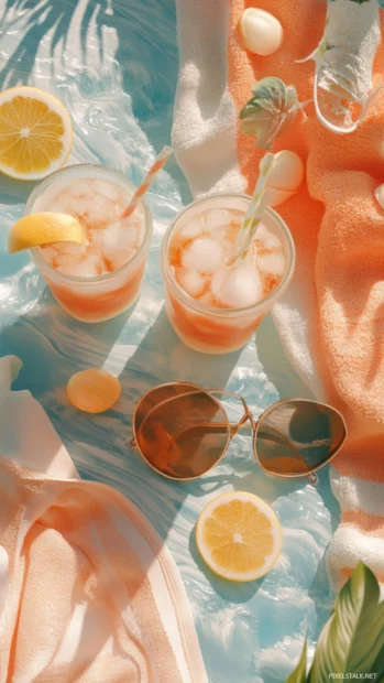 Playful aesthetic collage of summer essentials like sunglasses, iced coffee, and beach towels, aesthetic summer mood.