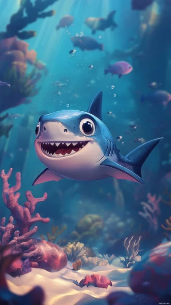 Playful baby shark swimming in cartoon reef.