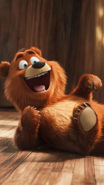 Playful bear cartoon rolling on the floor laughing.
