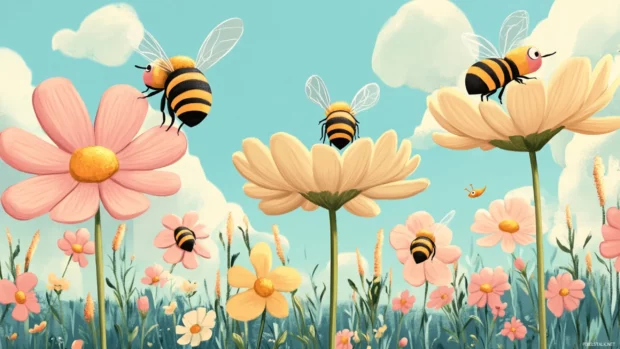 Playful cartoon bees buzz around oversized cartoon flowers.